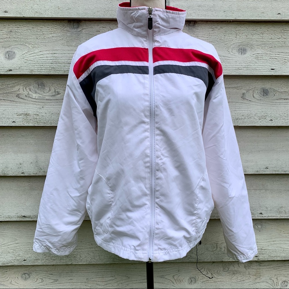 Vintage 90s Striped Detail Zip Front Long Sleeve Mock Neck Athletic Track Jacket